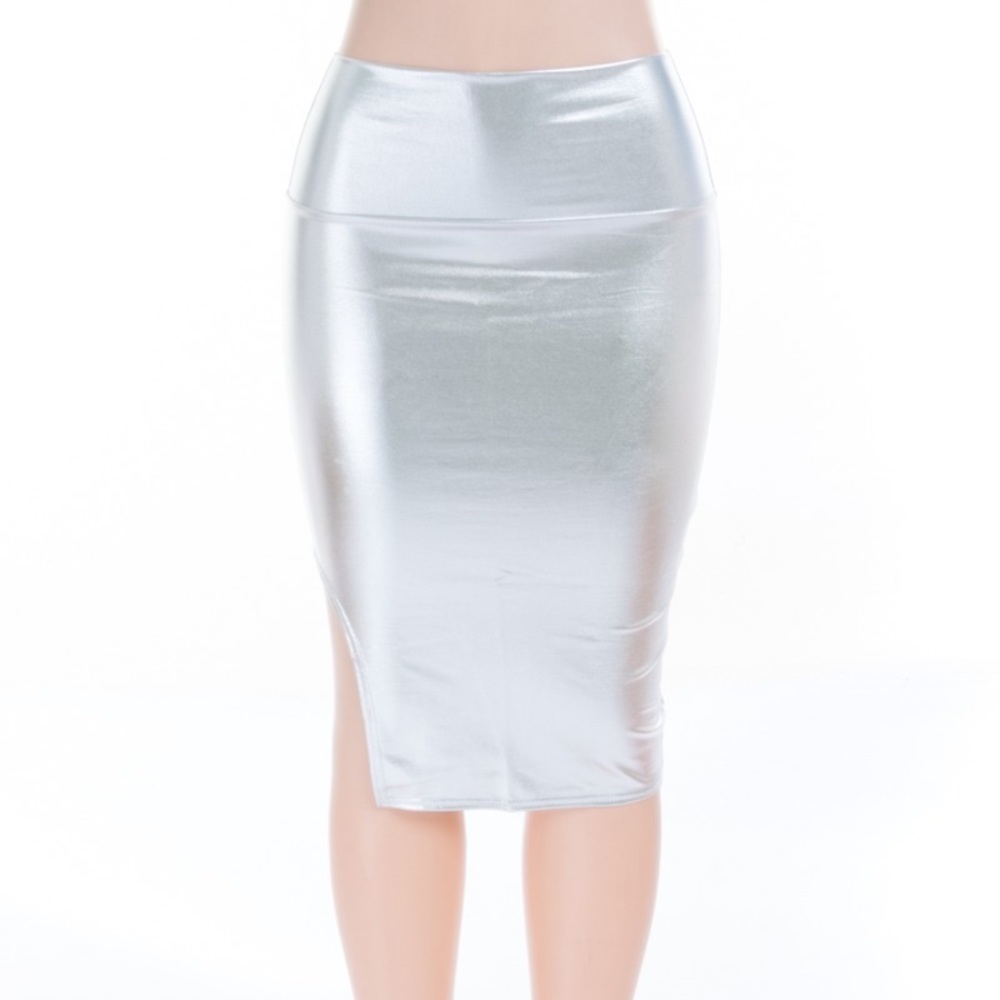 Silver PU High Waisted Slit Skirt